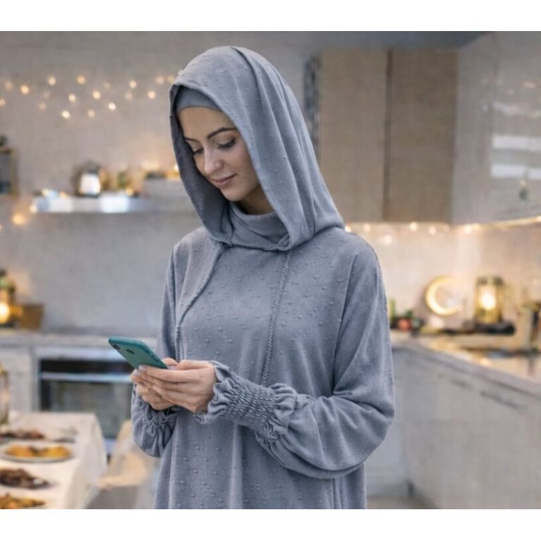 Jilbab 1 pièce femme Soundouss avec capuche et cagoule intégrée – manches smockées