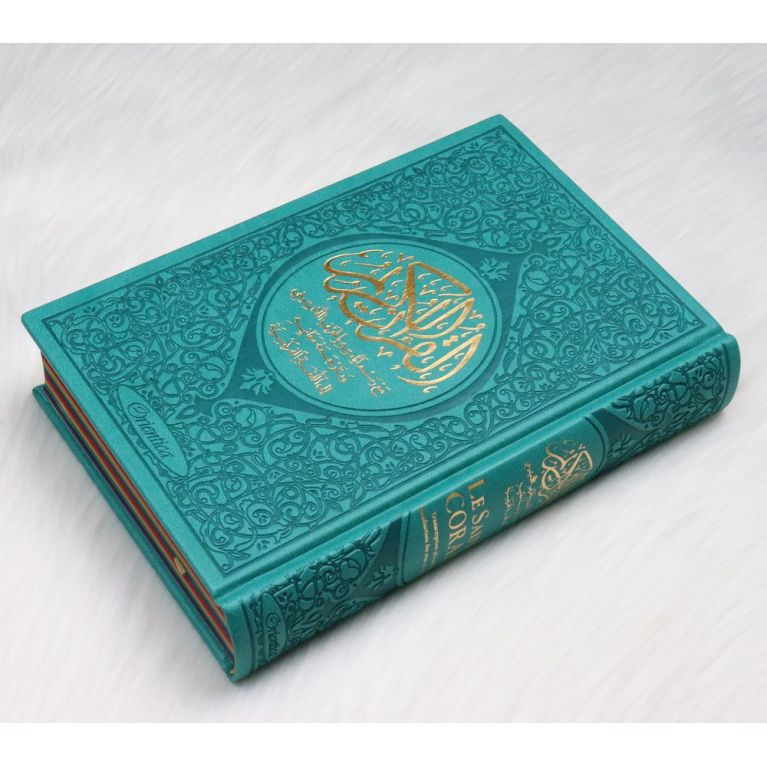 Le Saint Coran Arc en Ciel - Arabe / Français / Phonétique - Edition De Luxe - Couverture En Daim Couleur Vert Bleu