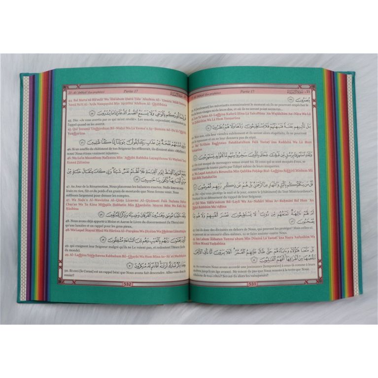 Le Saint Coran Arc en Ciel - Arabe / Français / Phonétique - Edition De Luxe - Couverture En Daim Couleur Vert Bleu