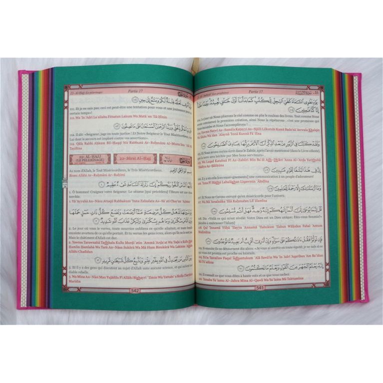 Le Saint Coran Arc en Ciel - Arabe / Français / Phonétique - Edition De Luxe - Couverture En Daim Couleur Rose