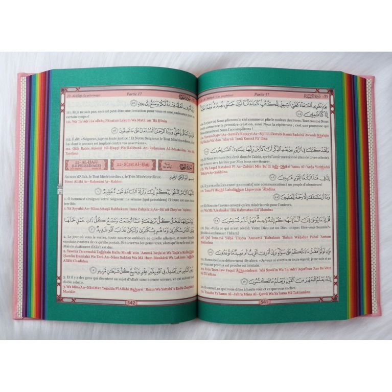 Le Saint Coran Arc en Ciel - Arabe / Français / Phonétique - Edition De Luxe - Couverture En Daim Couleur Rose Pâle