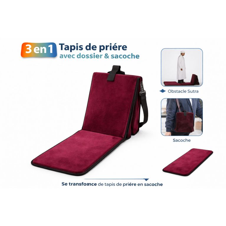 Tapis de prière avec dossier 3 en 1 et sacoche