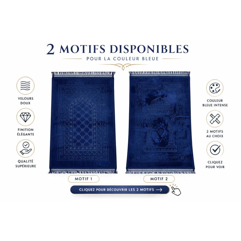 Tapis de prière bleu molletonné Soundouss 80 x 120 cm