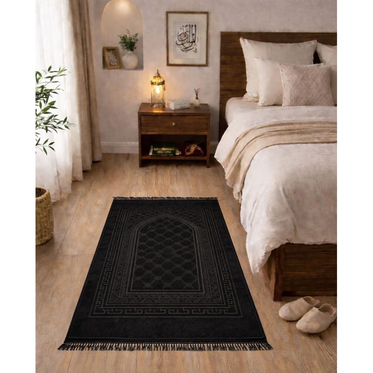 Tapis de prière noir Soundouss molletonné 80 x 120 cm