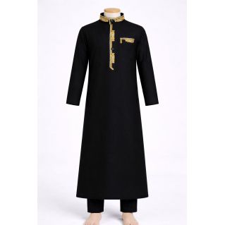Qamis NoirBrodé pour Enfant à Adolescents -Ensemble Qamis et Pantalon - Taille de 4 à 15 ans