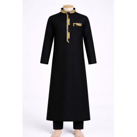 Qamis NoirBrodé pour Enfant à Adolescents -Ensemble Qamis et Pantalon - Taille de 4 à 15 ans