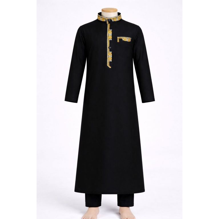 Qamis NoirBrodé pour Enfant à Adolescents -Ensemble Qamis et Pantalon - Taille de 4 à 15 ans