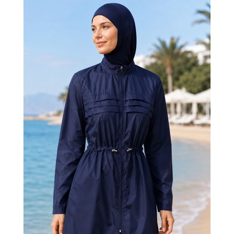 Burkini Ample Bleu Marine avec Veste Zippée Plissée et Hijab