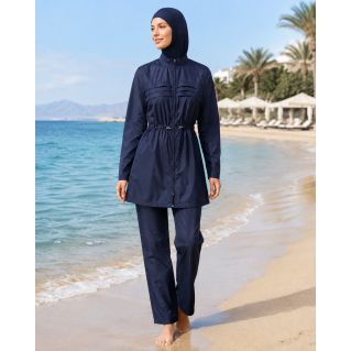 Burkini Ample Bleu Marine avec Veste Zippée Plissée et Hijab