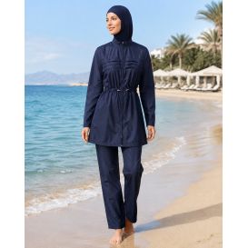 Burkini Ample Bleu Marine avec Veste Zippée Plissée et Hijab