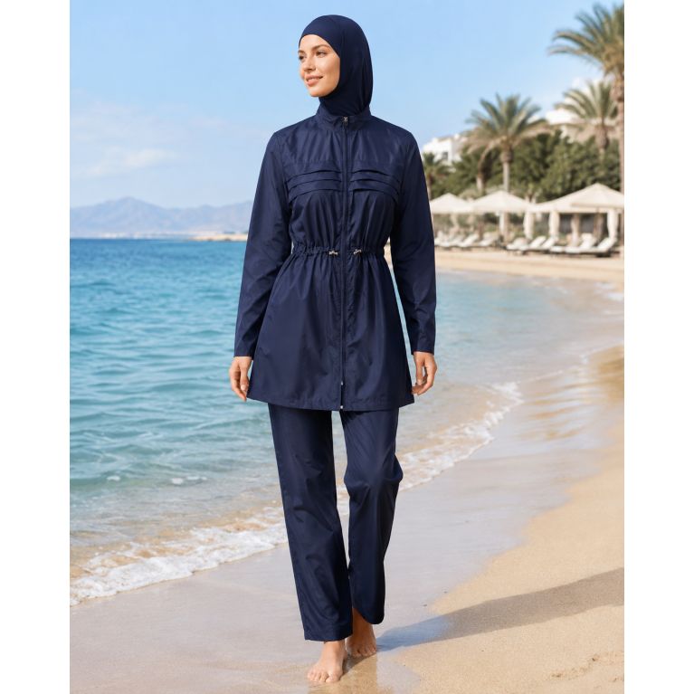 Burkini Ample Bleu Marine avec Veste Zippée Plissée et Hijab