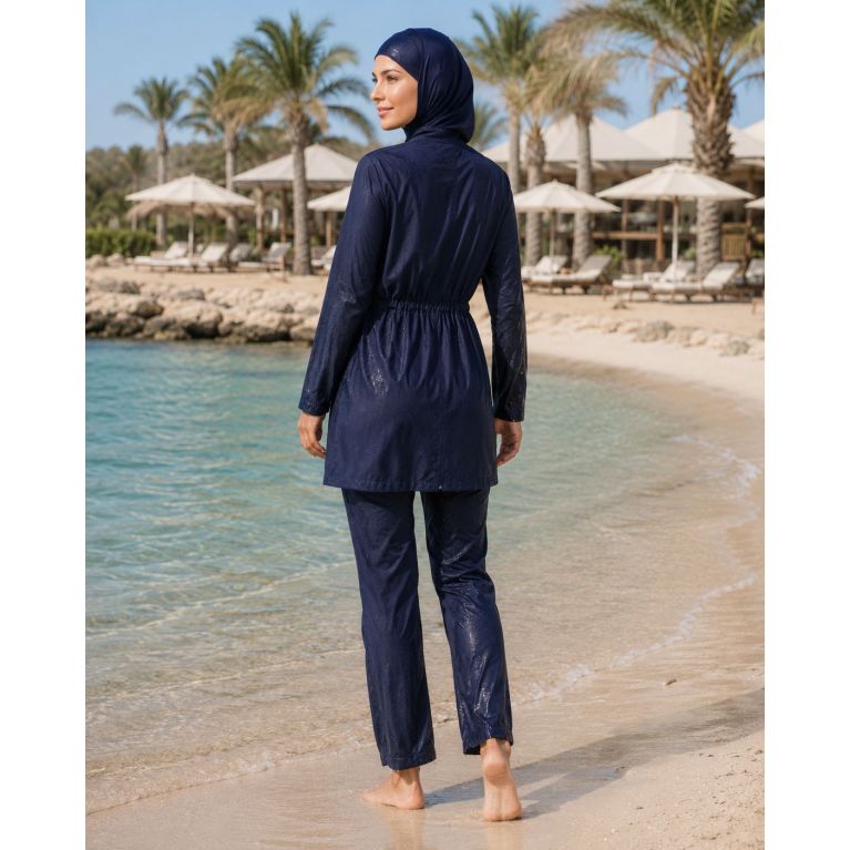 Burkini Ample Bleu Marine avec Veste Zippée Plissée et Hijab