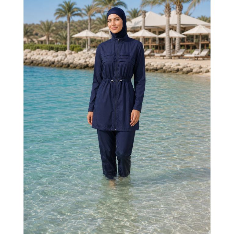 Burkini Ample Bleu Marine avec Veste Zippée Plissée et Hijab