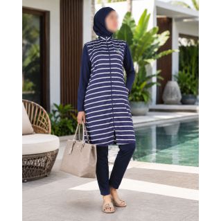 Burkini Femme Bleu Nuit à Rayures – Maillot de Bain Couvrant à Veste Zippée