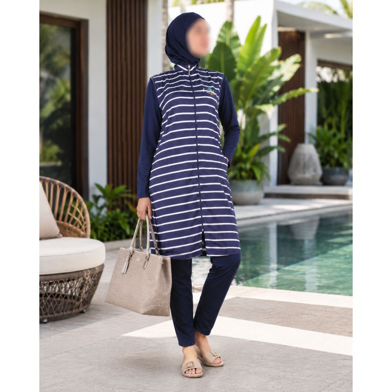 Burkini Femme Bleu Nuit à Rayures – Maillot de Bain Couvrant à Veste Zippée