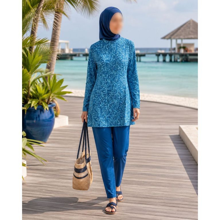 Burkini Femme Bleu à Tunique Longue et Motifs Tropicaux