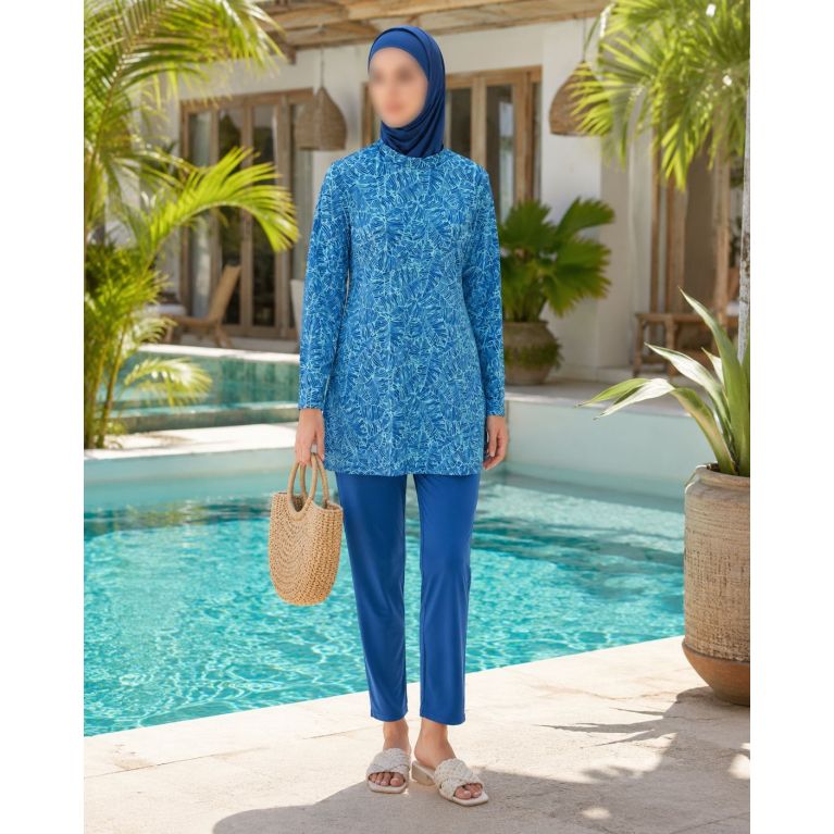 Burkini Femme Bleu à Tunique Longue et Motifs Tropicaux