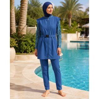Burkini Femme 6 Pièces Bleu avec Veste Zippée et Tunique Tropicale