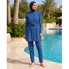 Burkini Femme 6 Pièces Bleu avec Veste Zippée et Tunique Tropicale