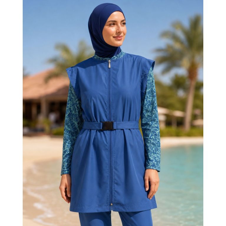Burkini Femme 6 Pièces Bleu avec Veste Zippée et Tunique Tropicale
