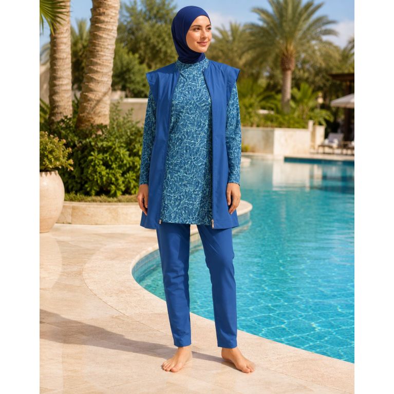 Burkini Femme 6 Pièces Bleu avec Veste Zippée et Tunique Tropicale