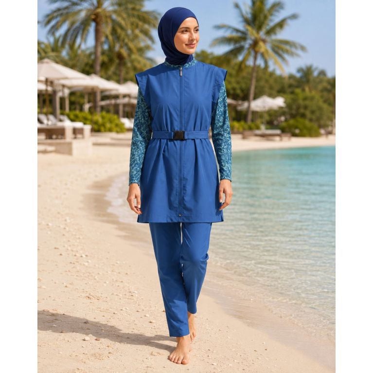 Burkini Femme 6 Pièces Bleu avec Veste Zippée et Tunique Tropicale