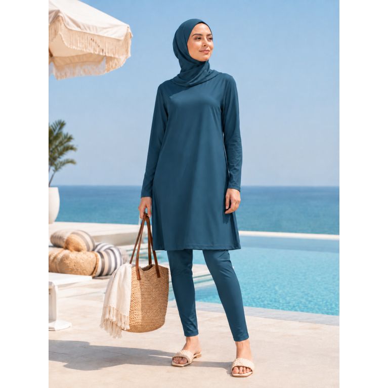 Maillot de Bain Couvrant pour Femme avec Tunique Longue Évasée – Burkini 3 Pièces