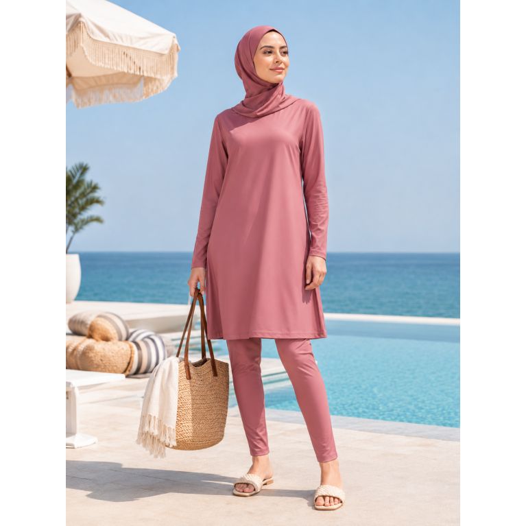 Maillot de Bain Couvrant pour Femme avec Tunique Longue Évasée – Burkini 3 Pièces