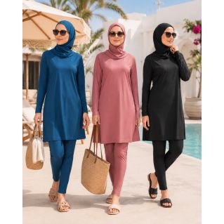 Maillot de Bain Couvrant pour Femme avec Tunique Longue Évasée – Burkini 3 Pièces