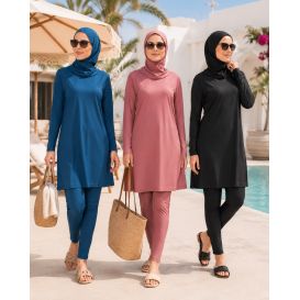 Maillot de Bain Couvrant pour Femme avec Tunique Longue Évasée – Burkini 3 Pièces