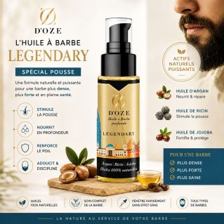 Huile à barbe Legendary D'OZE 50 ml : Soin naturel argan, ricin, jojoba et parfum bien dosé