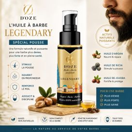 Huile à barbe Legendary D'OZE 50 ml : Soin naturel argan, ricin, jojoba et parfum bien dosé