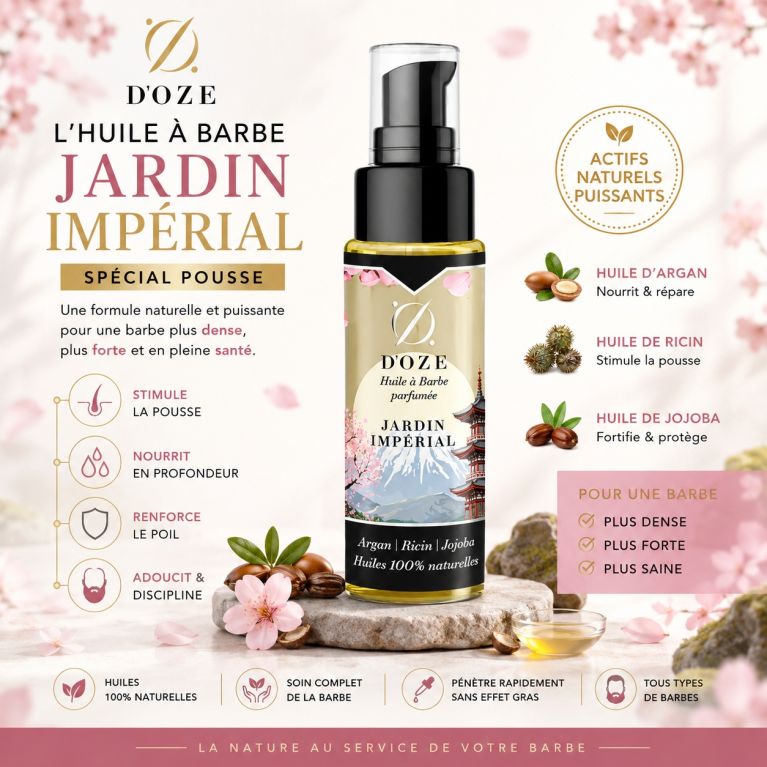 Huile à barbe Jardin Impérial D'OZE 50 ml : Soin naturel argan, ricin, jojoba et parfum bien dosé