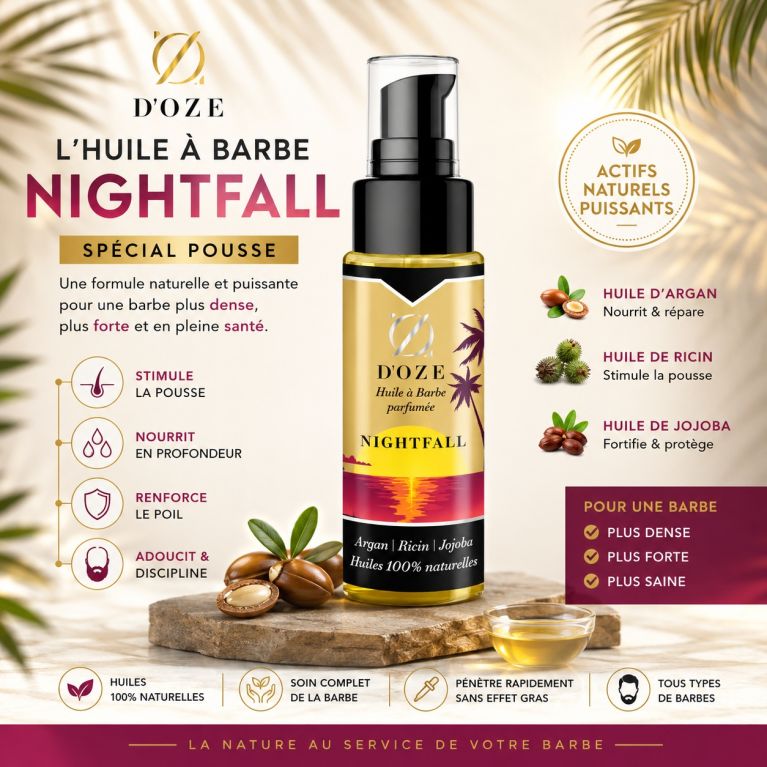 Huile à barbe Nightfall D'OZE 50 ml : Soin naturel argan, ricin, jojoba et parfum bien dosé