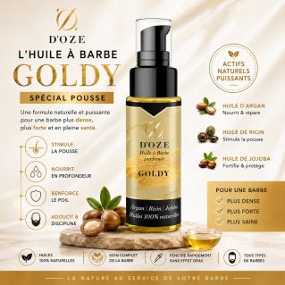 Huile à barbe Goldy D'OZE 50 ml : Soin naturel argan, ricin, jojoba et parfum bien dosé