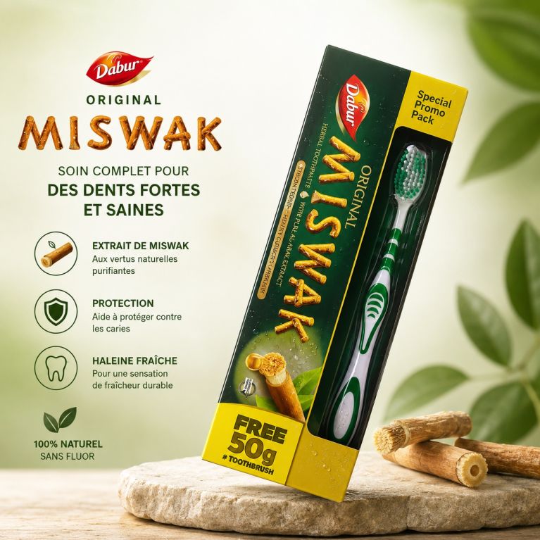 Brosse à dents et Dentifrice Herbal Miswak - 120gr + 50gr Gratuit - Laboratoire Dabur
