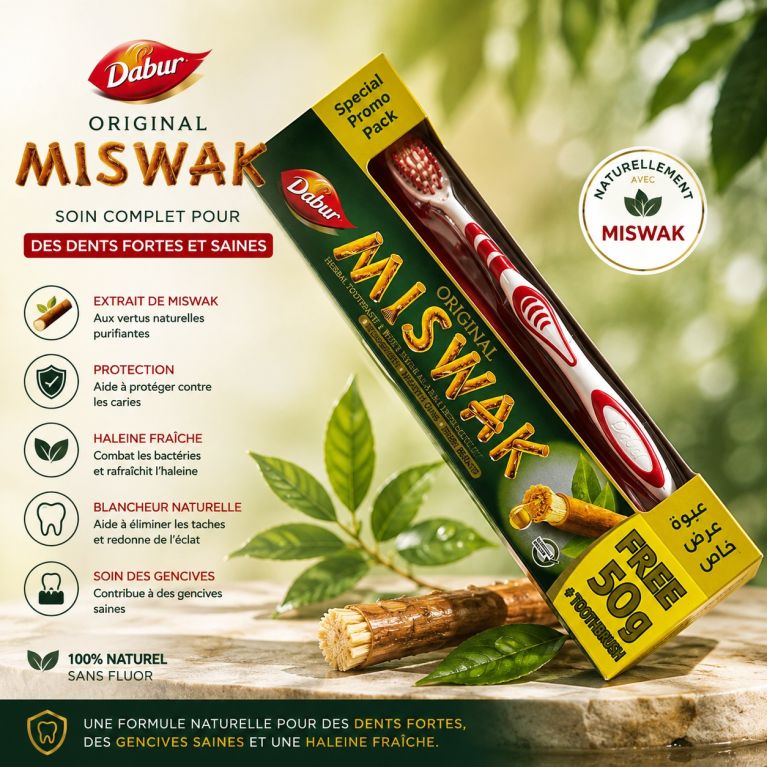Brosse à dents et Dentifrice Herbal Miswak - 120gr + 50gr Gratuit - Laboratoire Dabur