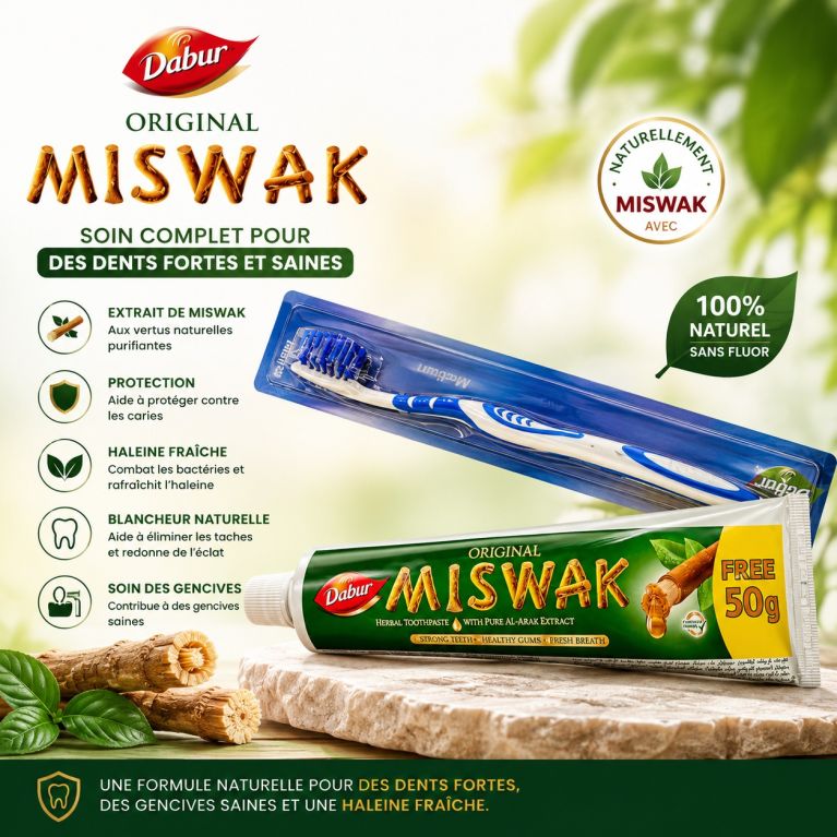 Brosse à dents et Dentifrice Herbal Miswak - 120gr + 50gr Gratuit - Laboratoire Dabur