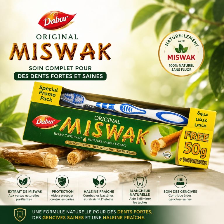 Brosse à dents et Dentifrice Herbal Miswak - 120gr + 50gr Gratuit - Laboratoire Dabur