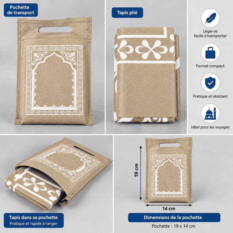 Tapis de prière de voyage pliable avec pochette de transport – 107 x 57 cm