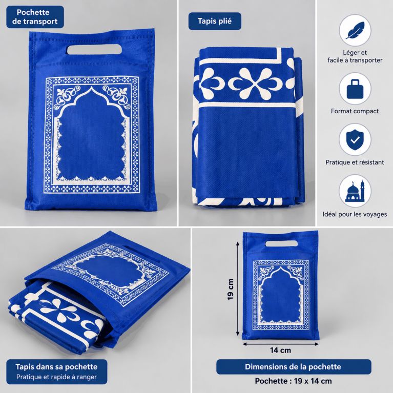 Tapis de prière de voyage pliable avec pochette de transport – 107 x 57 cm