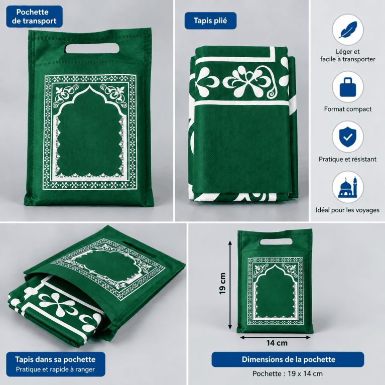 Tapis de prière de voyage pliable avec pochette de transport – 107 x 57 cm