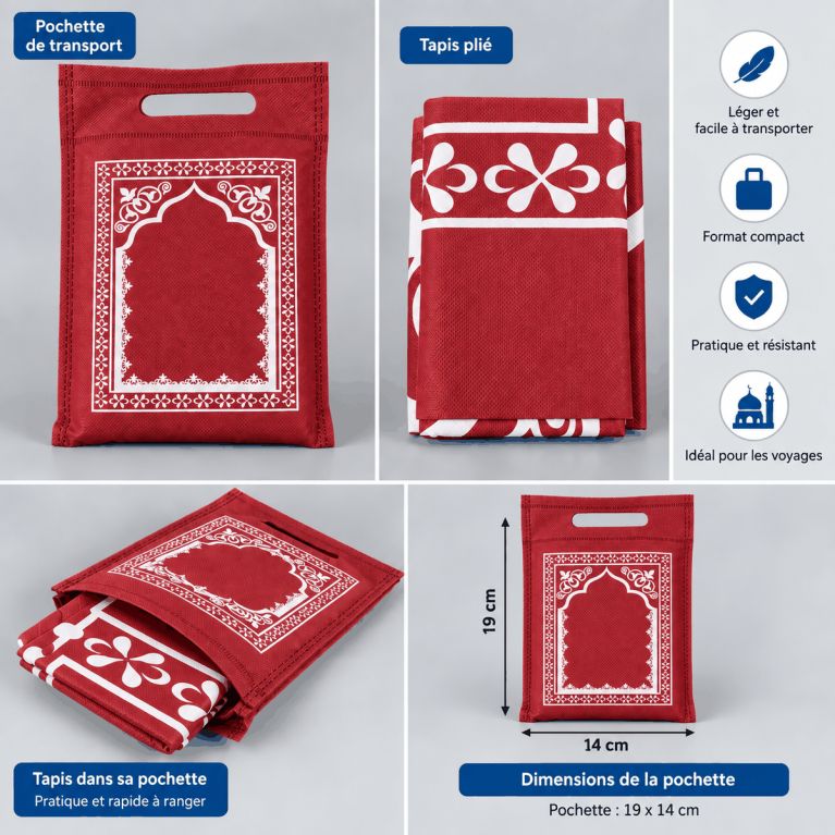 Tapis de prière de voyage pliable avec pochette de transport – 107 x 57 cm