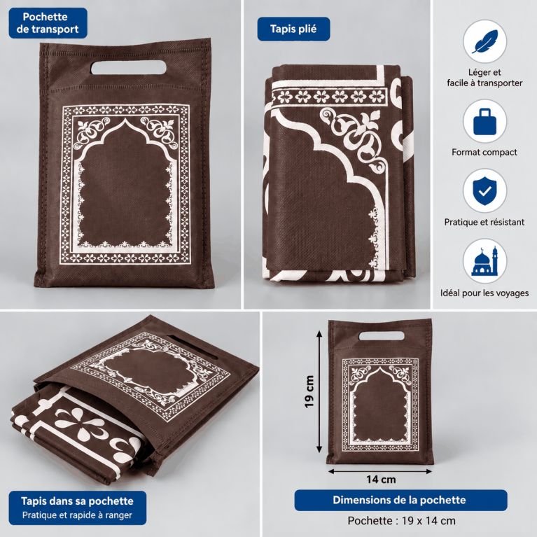 Tapis de prière de voyage pliable avec pochette de transport – 107 x 57 cm