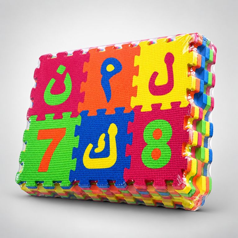 Tapis puzzle alphabet arabe en mousse EVA – 36 pièces de 14 x 14 cm
