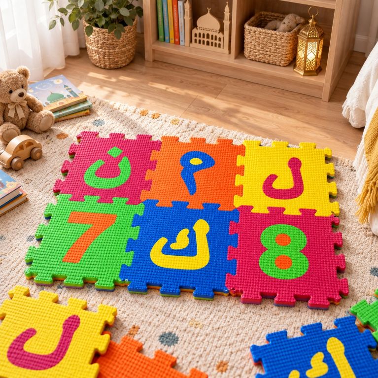 Tapis puzzle alphabet arabe en mousse EVA – 36 pièces de 14 x 14 cm