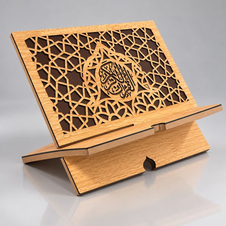 Porte Coran en bois pliable – Calligraphie Al-Qur’an Al-Karim