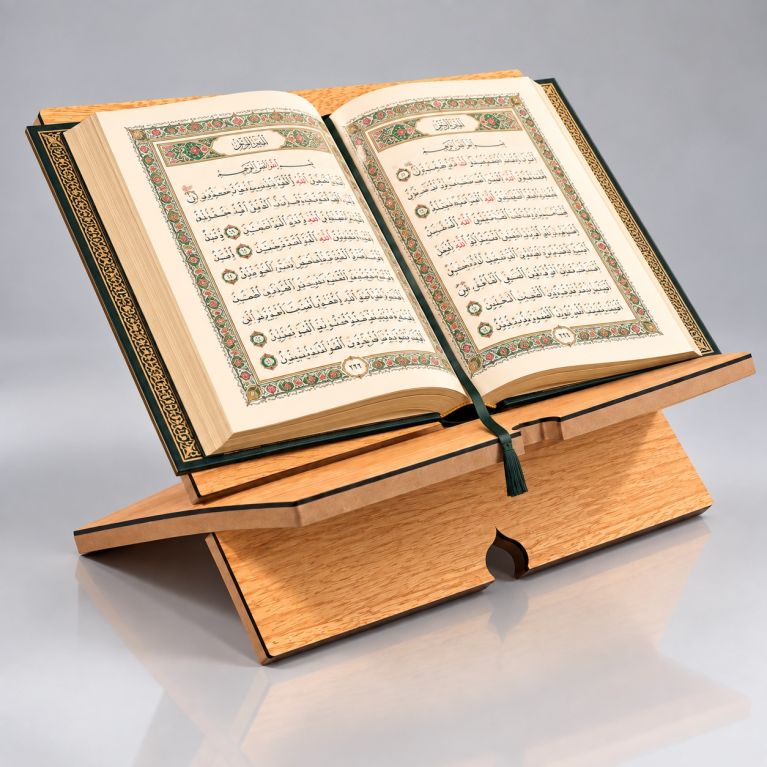 Porte Coran en bois pliable – Calligraphie Al-Qur’an Al-Karim