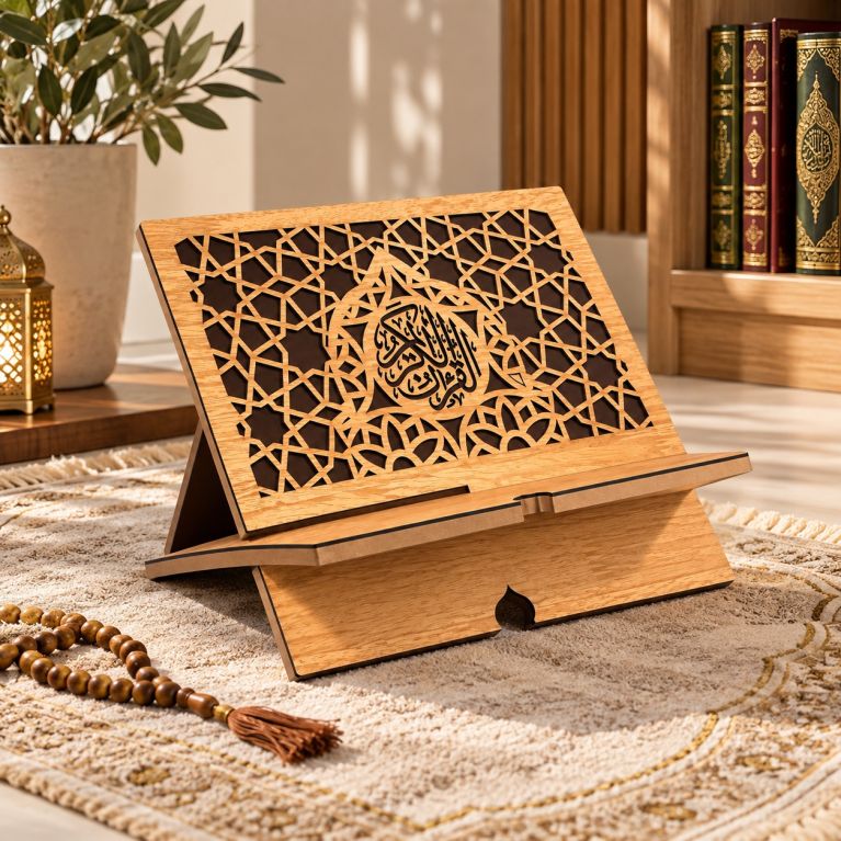 Porte Coran en bois pliable – Calligraphie Al-Qur’an Al-Karim