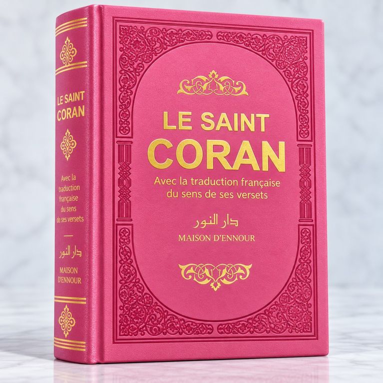 Le Saint Coran - Couverture Simili-Daim Rose - Pages Arc-En-Ciel - Arabe et Français - Format Moyen- 14,5 x 20.70 cm - Edtion 